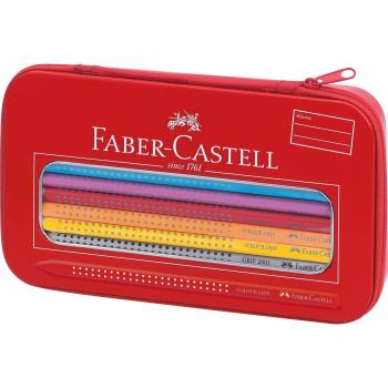 Faber-Castell 112450 - Estuche de metal con 16 ecolápices de colores, 1 ecolápiz triangular de grafito y 1 afilalápices, cierre de cremallera, multicolor