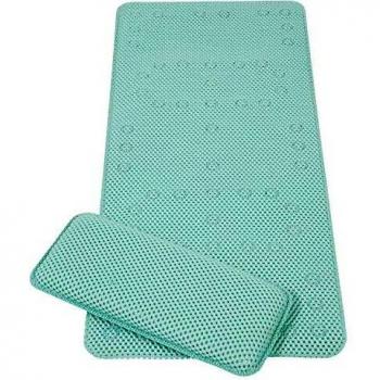 ClevaMama Baby Bath Mat Non Slip - kids and Children Bathtub Mats Anti Mould with Suction Pads and Knelling Cushion - Turquoise, 91x43 cm