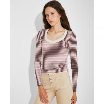 Naëlle - Elegante top de mujer de punto canalé con rayas en tonos neutros