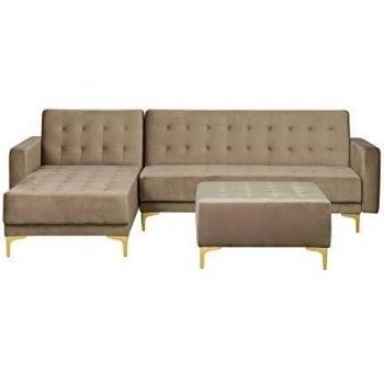 Sofá esquinero modular de 4 plazas con otomana chaise longue en terciopelo beige arena dorado, lado derecho