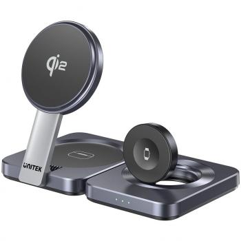 Cargador Inalámbrico 3 en 1 Unitek P1300AGY01 Qi2 15W Gris