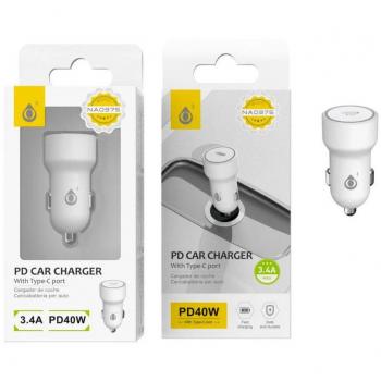 Cargador de Coche PD 40W Blanco Boris con Carga Rápida y 1 USB Type-C