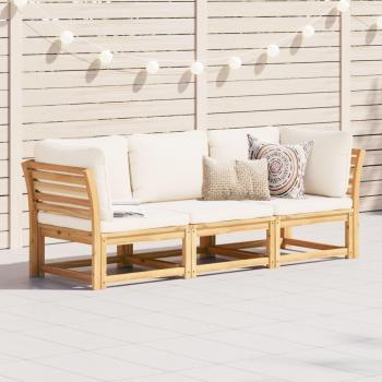 Set de muebles para jardín 3 piezas con cojines de madera de acacia en color crema y gris, incluye un sofá, una mesa y cojines cómodos, ideal para terrazas y exteriores
