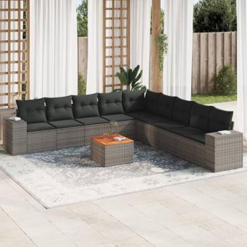 10-Piece Grey Poly Rattan Garden Sofa Set with Cushions