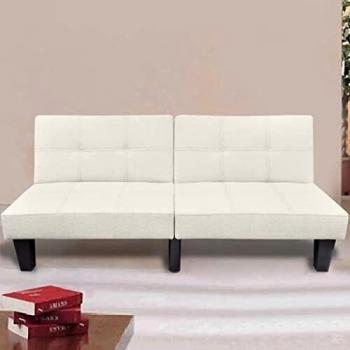 vidaXL Sofá Cama Ajustable de Madera Acero y Tela Beige con Costuras Cuadros