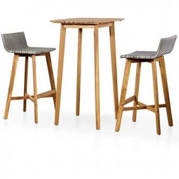 vidaXL Solid Acacia Wood Poly Rattan Outdoor Bar Set 3 Piece Patio Table Chair