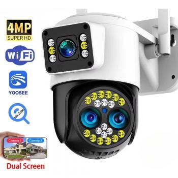 Cámara de Seguridad WiFi 4K 8MP con Zoom 10X para Exteriores, 3 Lentes, 2 Pantallas, Audio Bidireccional, Detección de Movimiento y Videovigilancia CCTV