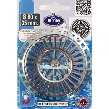 S&M Rejilla plástico grande para desagüe de fregadero de cocina y/o baño acabado cromado Ø80 x 35 mm