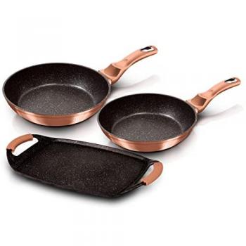 Berlinger Haus Rose Gold Juego 2 Sartenes 22-26cm y Plancha Asar Inducción 36x23cm, Aluminio Forjado, Antiadherente Ecológico Marmol sin PFOA,