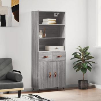 Aparador alto de madera contrachapada gris sonoma 69,5x34x180 cm con 2 puertas y 2 cajones, mueble de almacenaje para salón, buffet y armario auxiliar