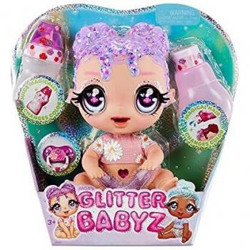 Glitter Babyz Muñeca Lila Wildboom - Con 3 cambios de color mágicos, pelo morado y vestido de flores - Incluye pañal, biberón y chupete reutilizables - Para coleccionar - Edad: 3+ años