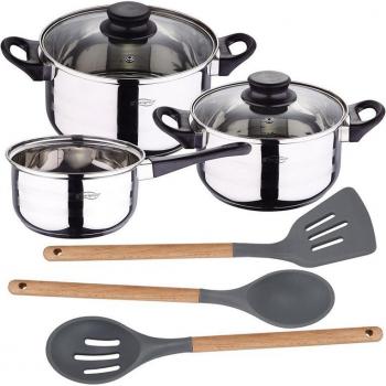 San Ignacio Batería de Cocina 5 Piezas Acero Inoxidable con Set 3 Utensilios de Silicona y Madera