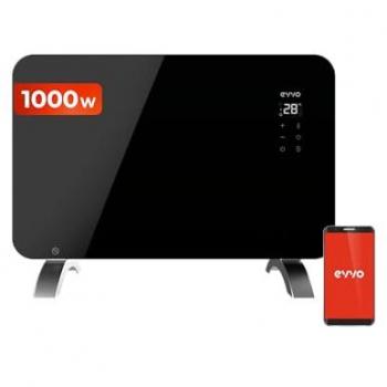 Convector Eléctrico EVVO C1000 Cristal Negro 1.000W con Wifi, Termostato Regulable, Compatible con Google Home y Alexa, Mando a Distancia, Temporizador y Soporte de Pie