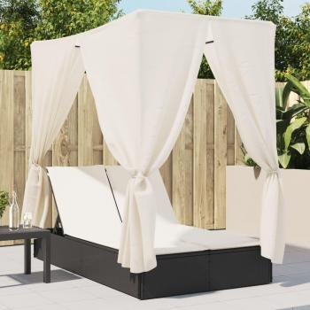 Tumbona doble con techo y cortinas de ratán sintético en negro, marrón, beige y gris - Ideal para jardín, playa, piscina y terraza