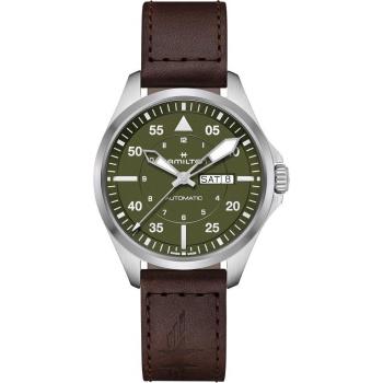 Reloj automático Hamilton Khaki Aviation Pilot Day Date de 42 mm con correa de piel, esfera verde y resistencia al agua de 100 m