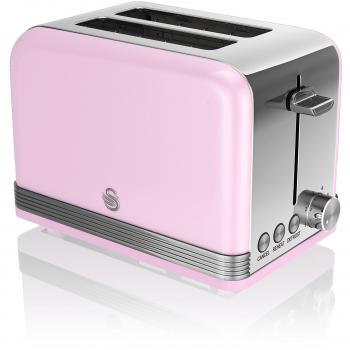 Tostadora Retro Swan 2 Rebanadas Rosa con Auto Centrado, Bandeja para Migas y Almacenamiento de Cable