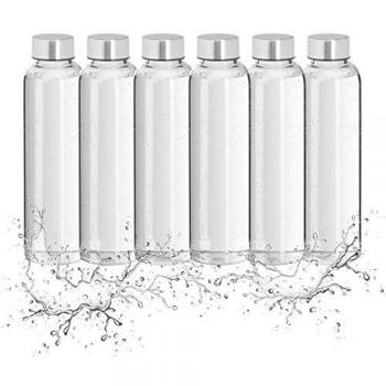 Set de 6 botellas de agua de vidrio borosilicato 500 ml con funda, aptas para lavavajillas, transparentes y negras