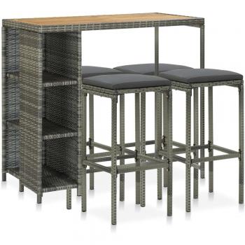 vidaXL Set de bar para jardín 5 piezas y cojines ratán sintético gris