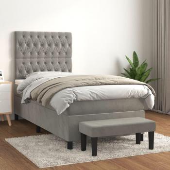 Cama box spring blanda con colchón de terciopelo gris claro 80x200 cm