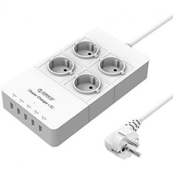 ORICO - Regleta enchufes de 4 tomas y protección contra sobretensiones con cargador 5 puertos USB para iPhone iPad Samsung Galaxy - blanco