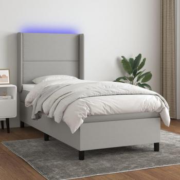 Cama Box Spring con Colchón y Luces LED, Tela Gris Claro, 90x200 cm