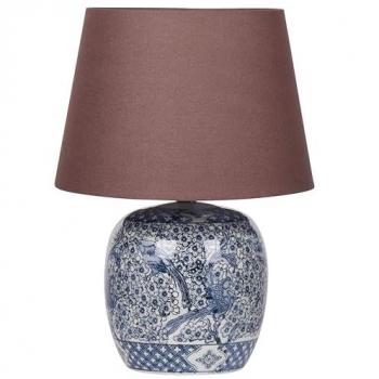 Lámpara de Mesa Clásica Neira con Base de Porcelana Azul y Blanca y Pantalla de Tela Lino Marrón, Forma Cilíndrica 46 cm