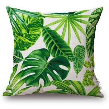 Elviros Lino y Algodón Blend Decorativo Funda de Cojínes 45x45 cm [18x18'' pulgadas] Hojas Tropicales