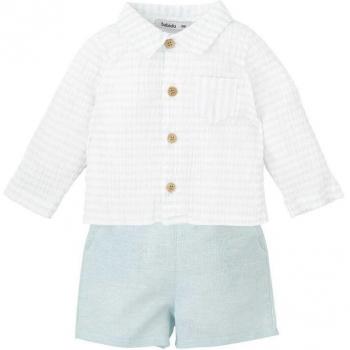 Conjunto de niño en cuadros vichy celeste con camisa de manga larga y bermuda