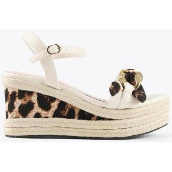 Sandalias de cuña de mujer color beige con detalles animal print