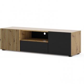 Mueble para TV efecto madera en color crema y negro, 150 cm de largo, diseño artesanal en roble con acabado negro mate