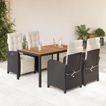 5 Piece Black Poly Rattan Garden Dining Set with Cushions
