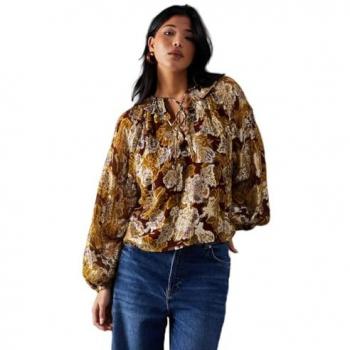 Floral Metallic Jacquard Tie Neck Frill Collar Blouse for Women - Size 8 UK