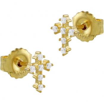 Pendientes Cruz Templaria Mini de Plata Bañada en Oro con Circonitas Blancas