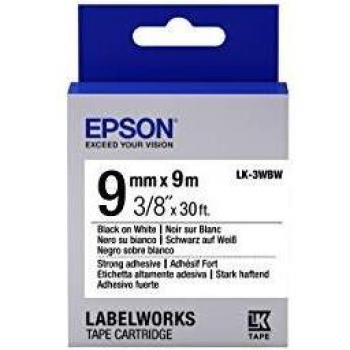 Cinta de Etiquetado Epson LK-3WBW Adhesiva Extra Fuerte Negro sobre Blanco 9mm (C53S653007)