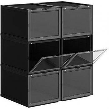 SONGMICS Cajas de Zapatos Apilables, Plástica, Rígida, Ahorro de Espacio, Fácil Montaje,28 x 36 x 22 cm, para Zapatos hasta la Talla 46, Juego de 6, Negro LSP06BK