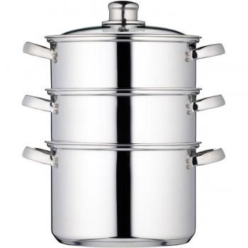 Olla Vapor de Acero Inoxidable de 20 cm con Tres Niveles, Apta para Inducción