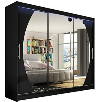 Armario Atlanta 130 Negro con Espejo, Puertas Correderas y LED RGB, 250 x 215 x 58 cm