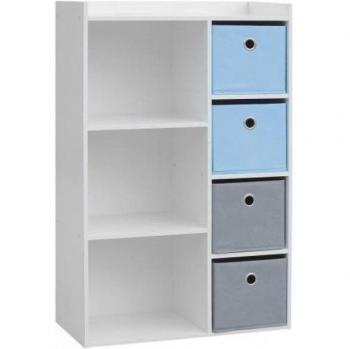 Armario Infantil de Almacenaje - 3 Nichos, 4 Cajones, Madera MDF Blanca con 4 Cestas Azules y Grises - 62 x 29,5 x 96 cm