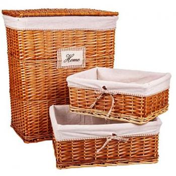 Juego de Cestos de Mimbre Forrados Marrones - Set de 3 Piezas (Incluye cesto para ropa y 2 cestos adicionales) en Natural Madera de Sauce