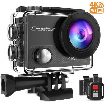 Crosstour 4K Cámara Deportiva Wifi Cámara de Acción Impermeable 30m Videocámara con 2 Baterías 1050mAh Gran Ángulo 170° 2 pulgada LCD Pantalla y Accesorios Multifuncionales