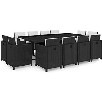 vidaXL 13-Piece Black Poly Rattan Outdoor Dining Set with Cushions