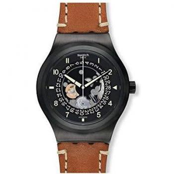 Swatch mens analogue automatic watch with leather strap yib402