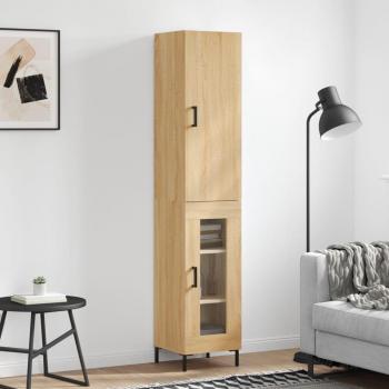 Aparador de madera contrachapada 34,5x34x180 cm con 1 puerta de cristal y cajón de madera, estilo moderno, color roble Sonoma, mueble de almacenaje para salón