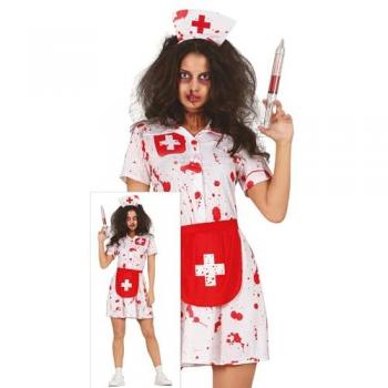 Disfraz de Enfermera Zombie Blanco para Mujer - Incluye vestido blanco con manchas de sangre, gorro a juego, talla 38-40 (M), ideal para Halloween y fiestas temáticas