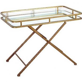 Mesa Auxiliar Rectangular de Metal Dorado con Bandeja 84cm - Modelo Gina, Mueble de Acero y Cristal (Ancho 84cm, Alto 62.5cm, Fondo 46.5cm)