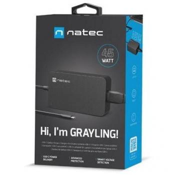 Cargador Natec Grayling USB-C 45W para portátiles, tablets y smartphones con tecnología de carga rápida