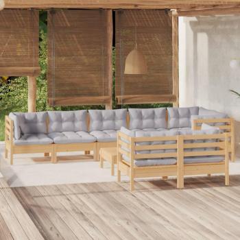 9-Piece Solid Pinewood Garden Lounge Set with Gray Cushions
