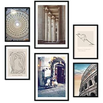 Set de 6 Cuadros Decorativos Vintage de Roma - Pósters Fotográficos para Decorar Interiores - Láminas Artísticas Colgantes en A3 y A4 con Marco Negro