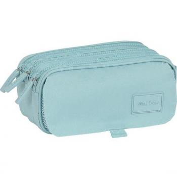 Estuche Escolar Safta Basic Triple Compartimento Azul - Portatodo con Tres Cremalleras, Asa Lateral, Adaptador para Carro y Medidas 21.5x10x8 cm
