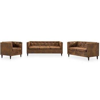 vidaXL Set Sofá Chesterfield 3 Piezas Tapizado Apariencia de Ante Marrón Casa